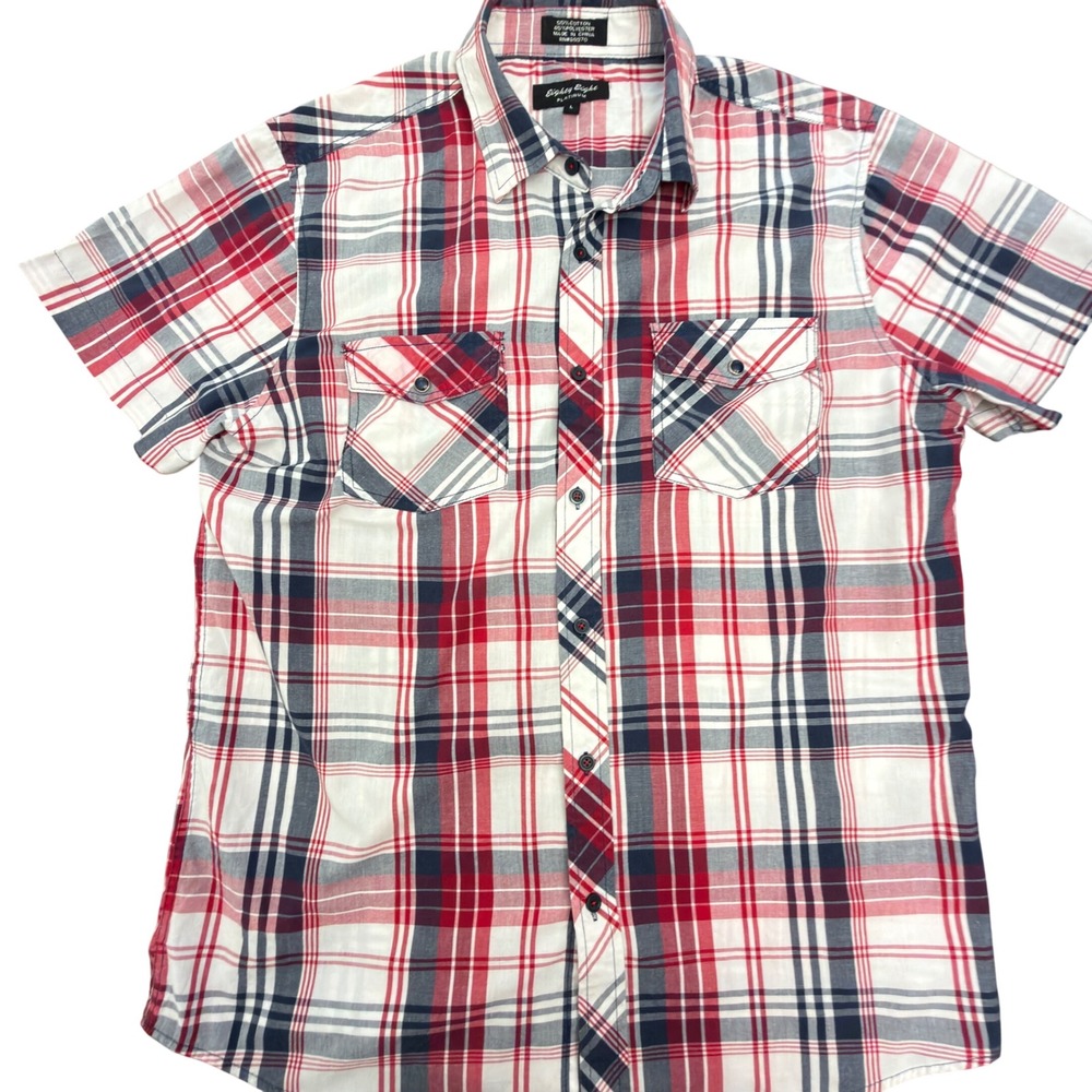 Eighty Eight Platinum Mens Large Red White Blue Plaid Short Sleeve Button Down